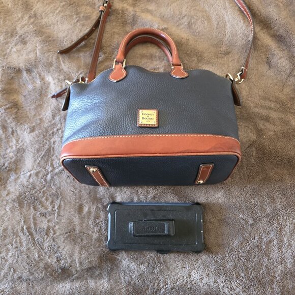 Dooney & Bourke Pebble Grain Darcy Domed Satchel Crossbody Navy Tan Leather - Picture 16 of 16